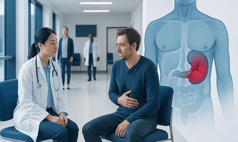 Doctor consulting with patient about spleen injury in hospital corridor.