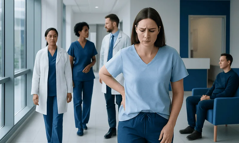 Young woman with back pain in hospital corridor with medical staff and patient.