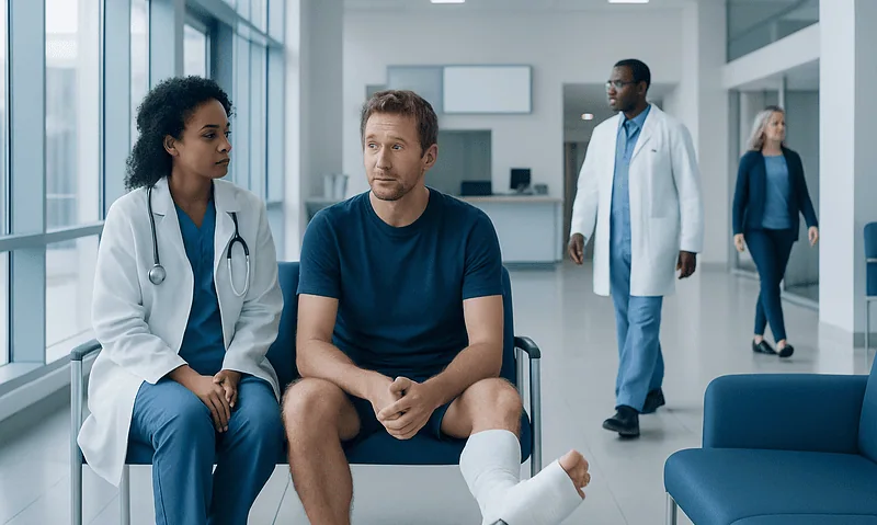 Patient with a broken toe consulting a doctor in hospital.