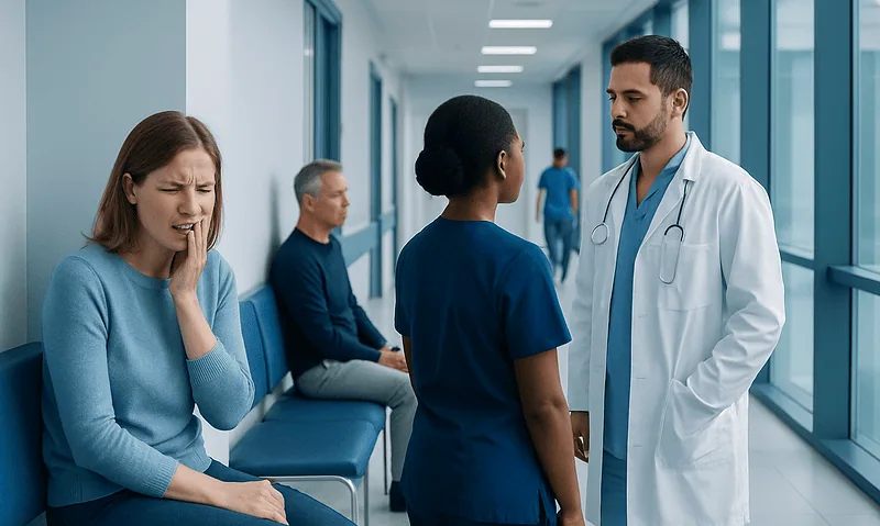 Patient experiencing tooth pain in a hospital corridor with medical staff nearby.
