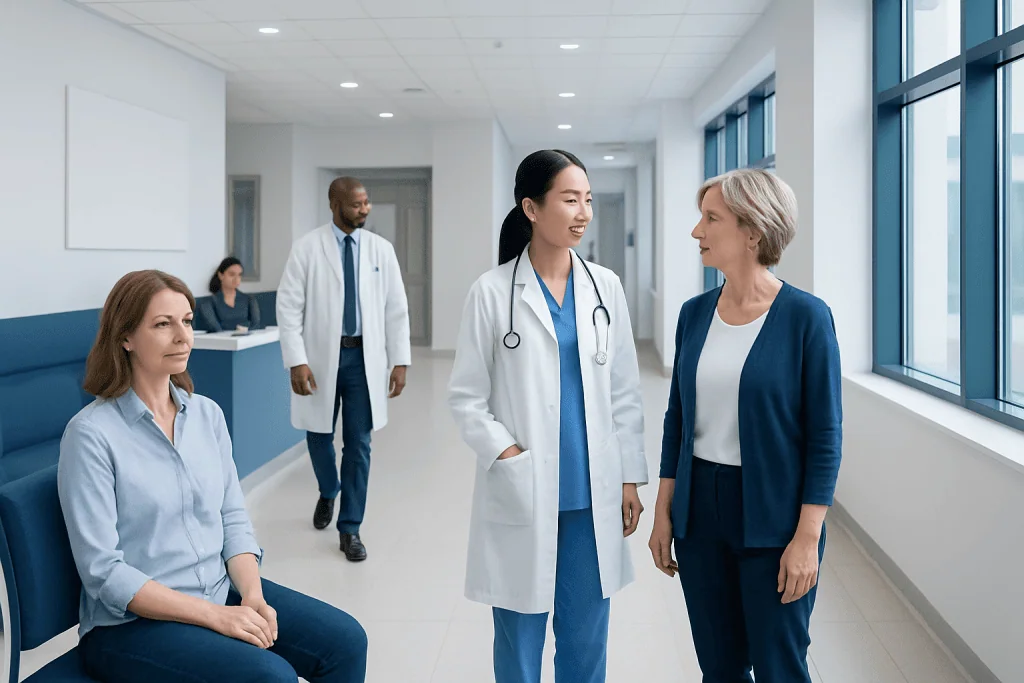 Brow Lift: Candidacy, Procedure Steps, and Recovery Timeline 1 Medical team consulting with a patient in a hospital corridor.