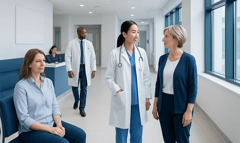 Medical team consulting with a patient in a hospital corridor.