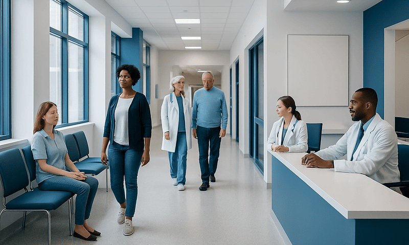 Patients and staff in a modern hospital corridor at Acibadem Hospitals Group.