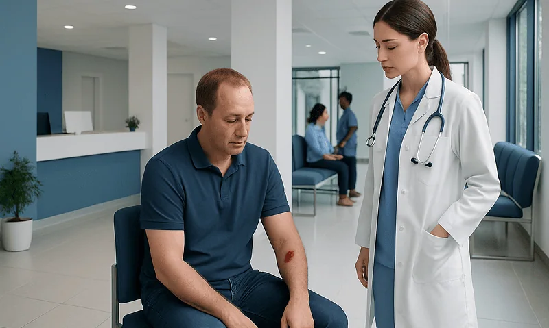 Doctor examining a patient's arm with a visible bite mark in a hospital waiting area.