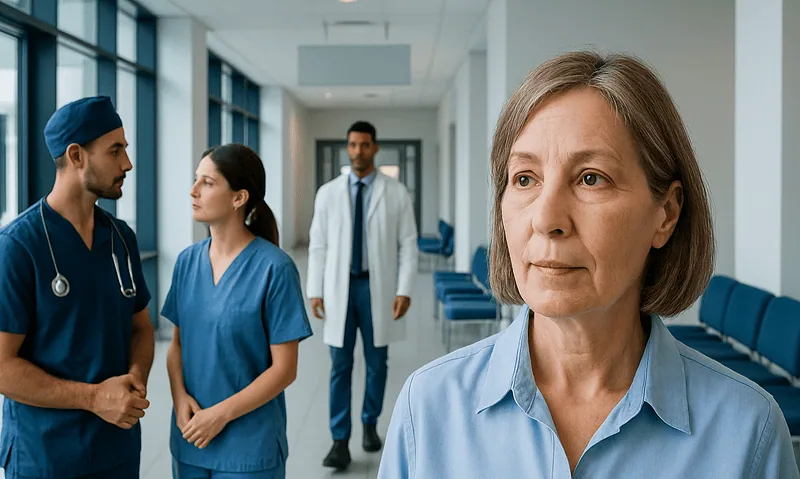 Medical team discussing patient care in hospital corridor.