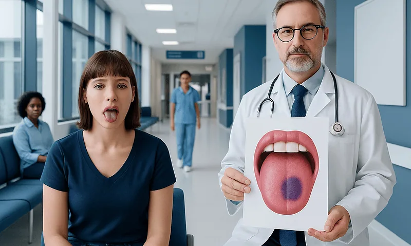 Bruise in tongue: Symptoms, Causes, and Treatment — Complete Patient Guide 11 Doctor examining patient's tongue with a visual aid in hospital corridor.