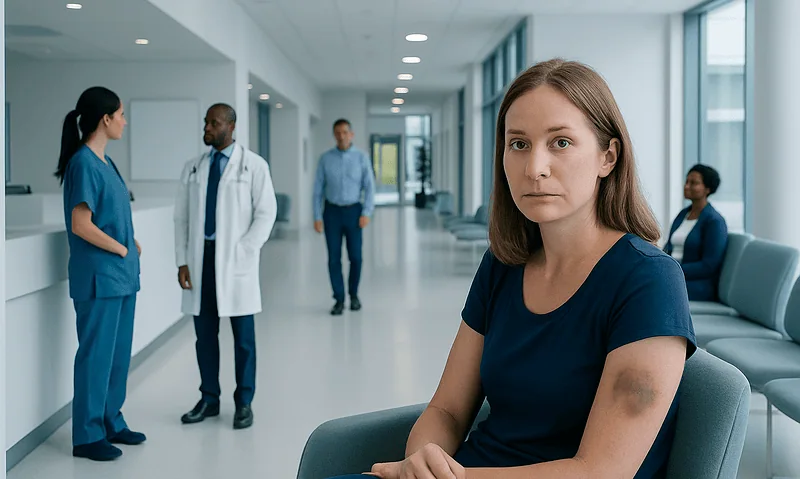 Young woman with a bruise on her arm in a hospital corridor.