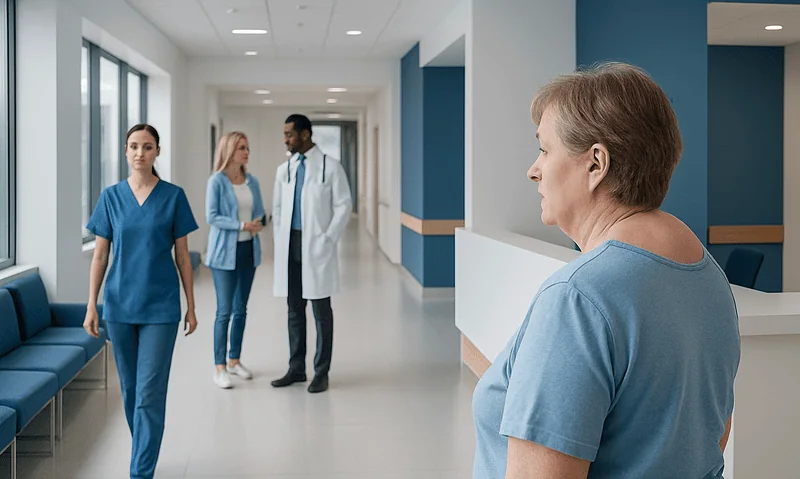 Elderly woman waiting in hospital corridor with medical staff nearby.