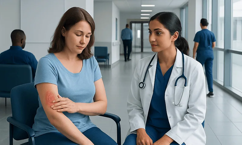 Patient with bullseye rash consulting a doctor in hospital corridor.