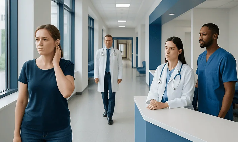 Patient experiencing discomfort in hospital corridor at Acibadem Hospitals Group.