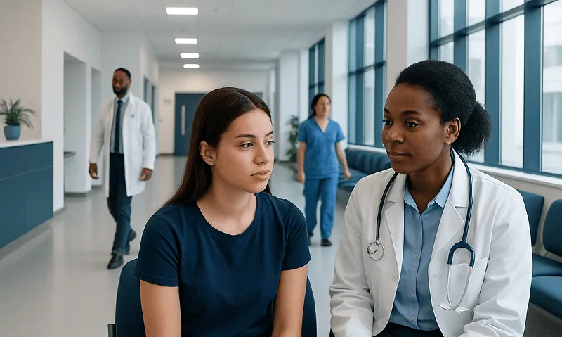 Doctor consulting a patient in a hospital corridor with medical staff in background.