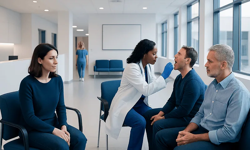 Doctor examining patient's mouth in a modern clinic setting.