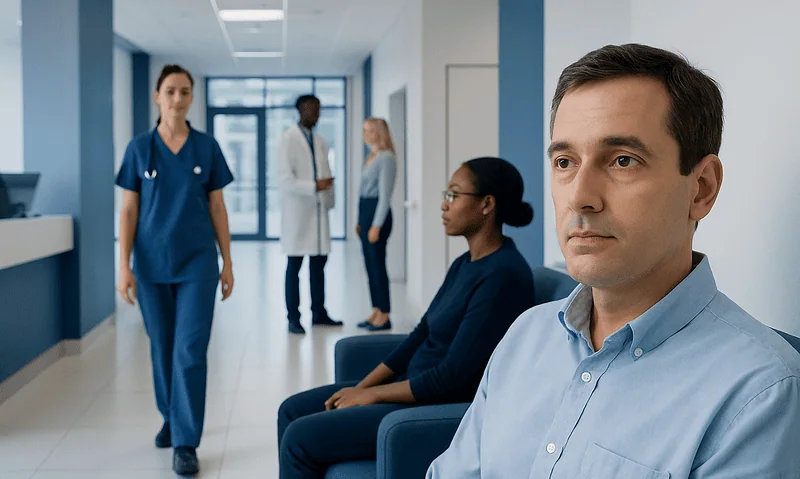 Patient waiting in hospital corridor at Acibadem Hospitals Group.