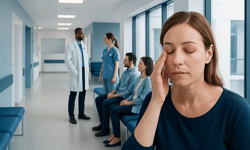 Woman with eyelid bump seeking medical consultation at hospital.
