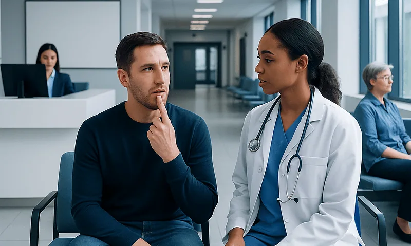 Patient consulting with doctor in hospital waiting area.