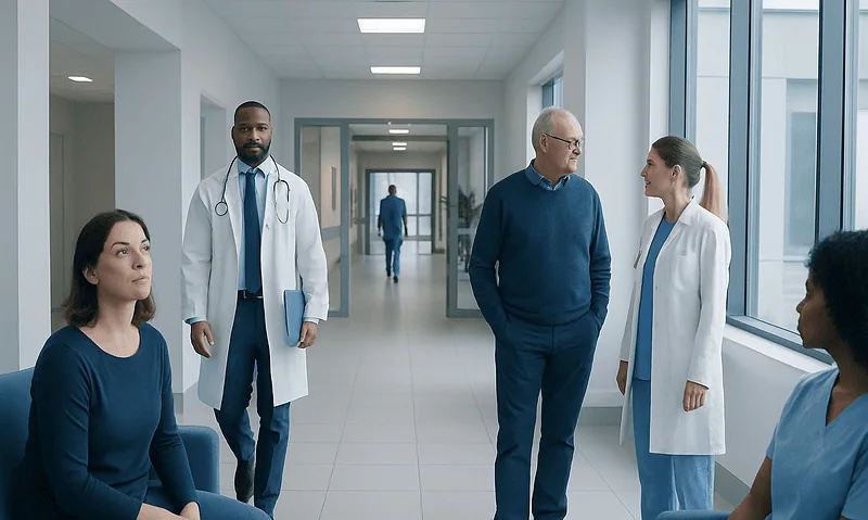 Medical team consulting in hospital corridor with patients and doctors.