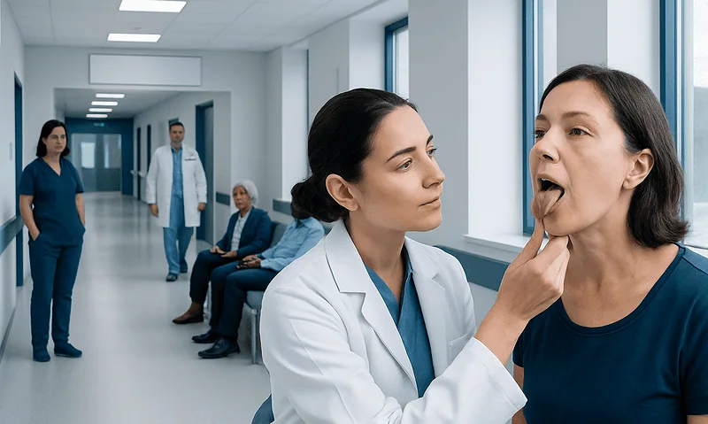 Medical examination of a patient with a tongue issue at Acibadem Hospitals.