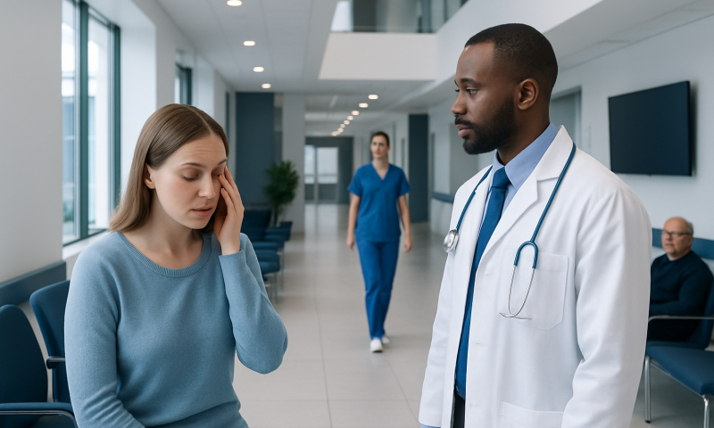 Patient consulting with doctor in hospital corridor.