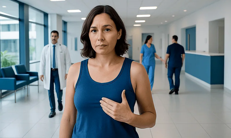 Woman experiencing breast discomfort in hospital corridor.