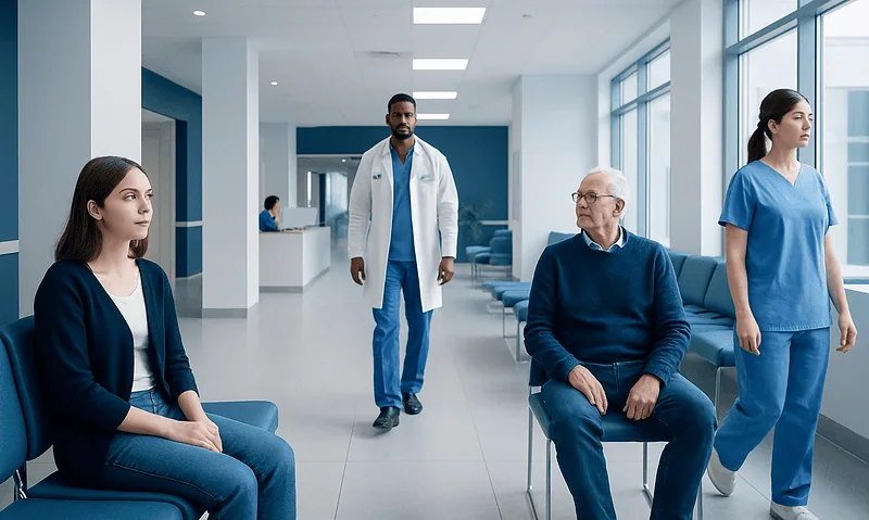 Patients waiting in a hospital corridor with medical staff nearby.