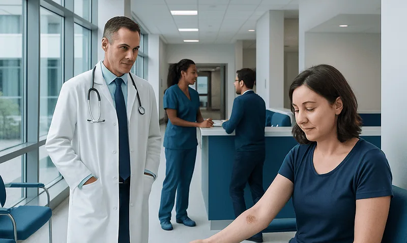 Medical professional examining a patient's arm in a hospital corridor.