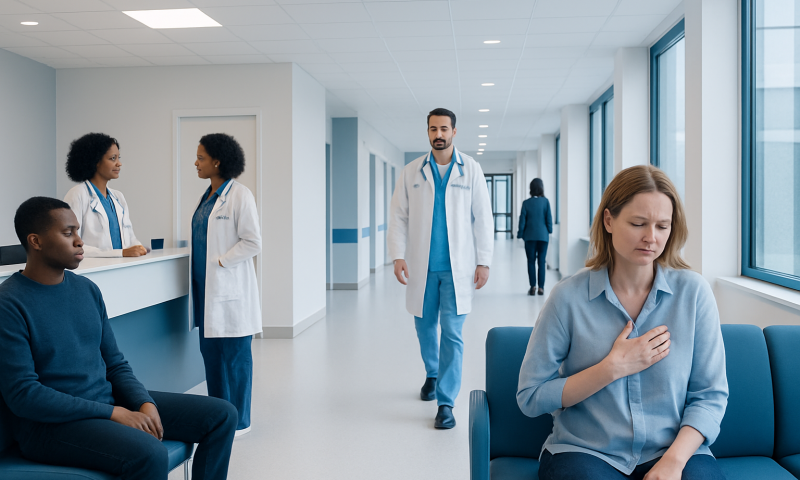 Patient experiencing burning sensation in hospital waiting area.