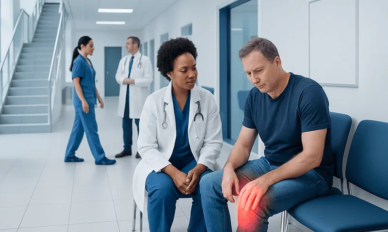 Doctor consulting with patient about leg pain in hospital corridor.