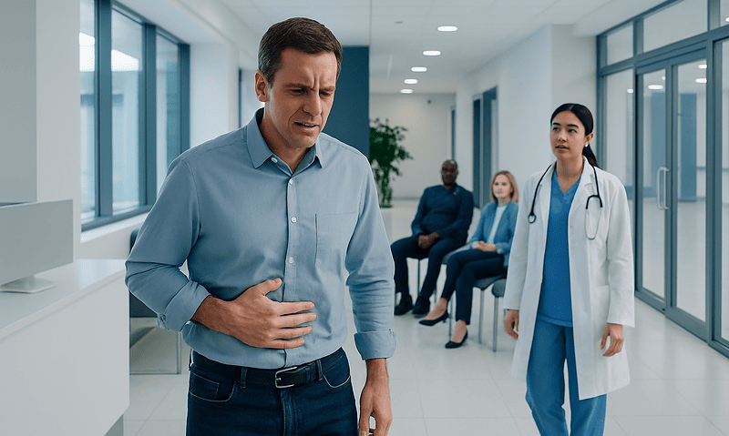 Man experiencing stomach pain in a hospital corridor with medical staff nearby.