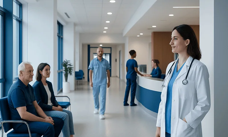 Healthcare professionals and patients in a modern hospital corridor.