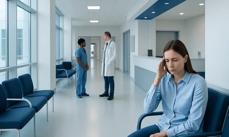Young woman with headache in hospital waiting area, healthcare professionals in background.