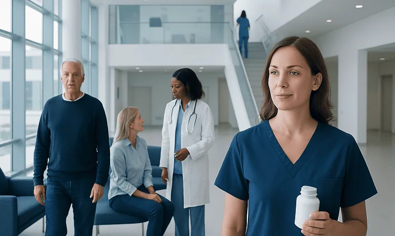 Healthcare professionals and patients in a modern hospital lobby.