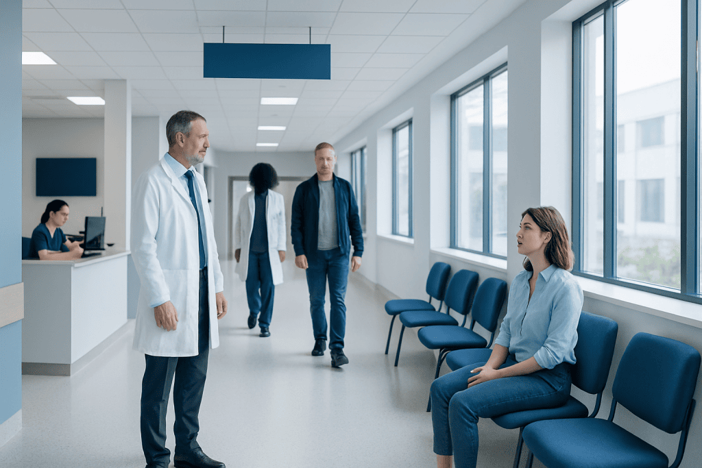 Calcium Magnesium Supplement: Benefits, Risks, and Safe Use 1 Doctor talking to a patient in a hospital corridor with other staff in the background.