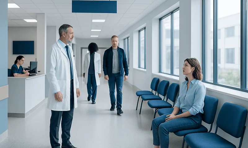 Doctor talking to a patient in a hospital corridor with other staff in the background.