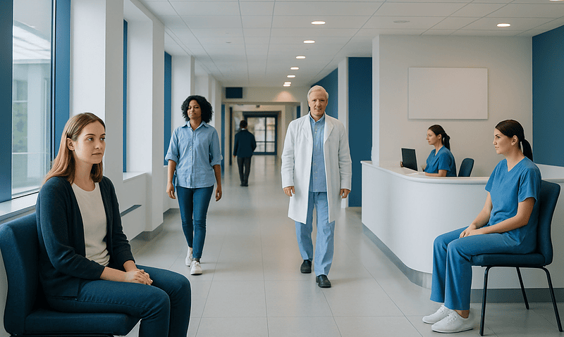 Healthcare professionals and patients in a modern hospital corridor.