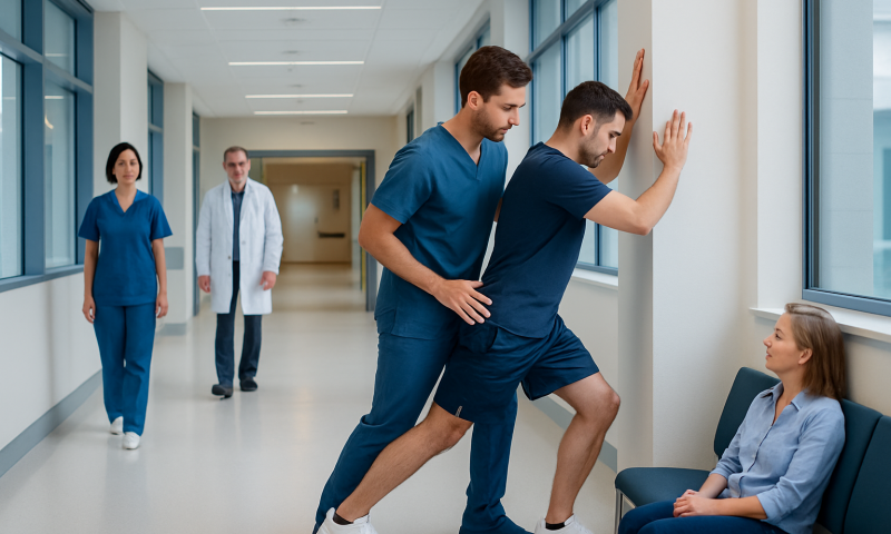 Physical therapy session with healthcare professionals assisting patient.