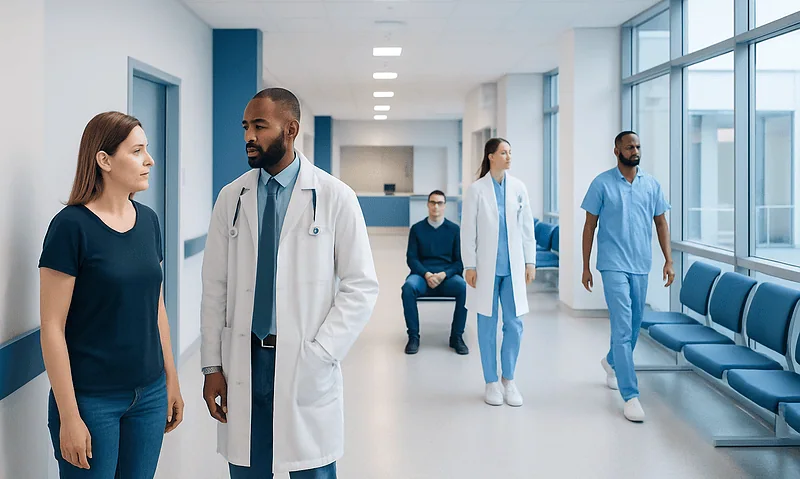 Medical professionals and patient in hospital corridor at Acibadem Hospitals Group.