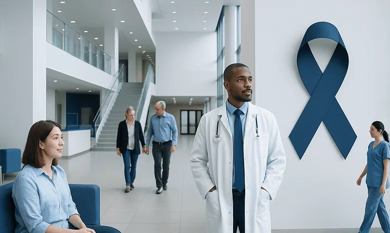 Cancer Ribbon: Diagnosis, Outlook, and Modern Treatment Approaches 12 Healthcare professionals and patients in a modern hospital with a blue cancer awareness ribbon.