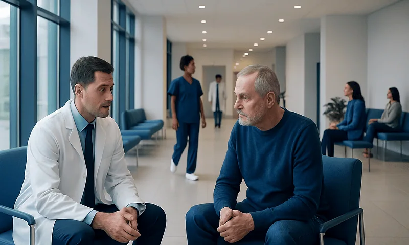 Doctor consulting with a patient in a hospital corridor.