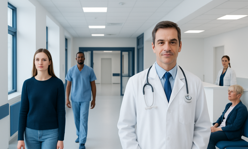 Healthcare professionals in a modern hospital corridor with a doctor in the foreground.