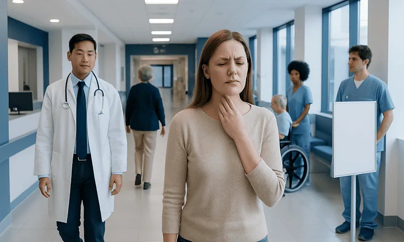 Woman experiencing throat pain in hospital corridor with medical staff nearby.