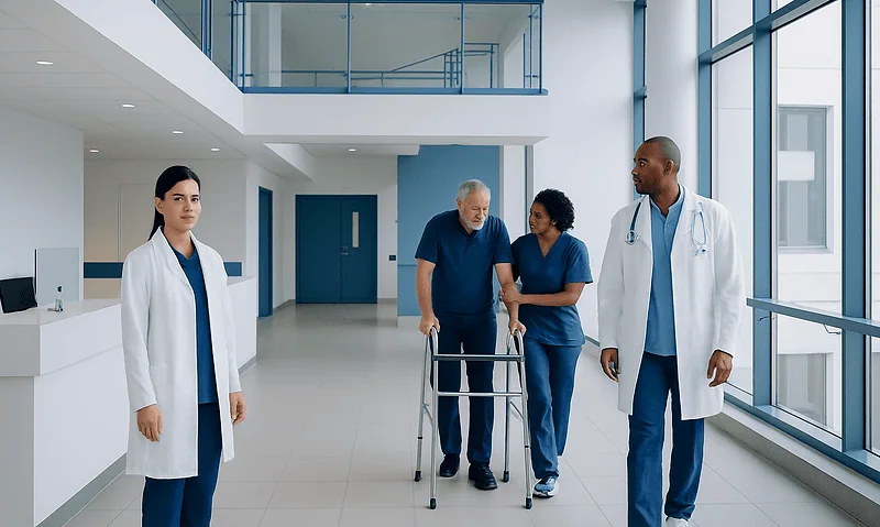Cantilever Bridge: An Evidence-Based Guide for Patients 9 Healthcare professionals assisting a patient in a modern hospital corridor.