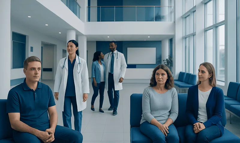 Medical professionals and patients in a modern hospital lobby.