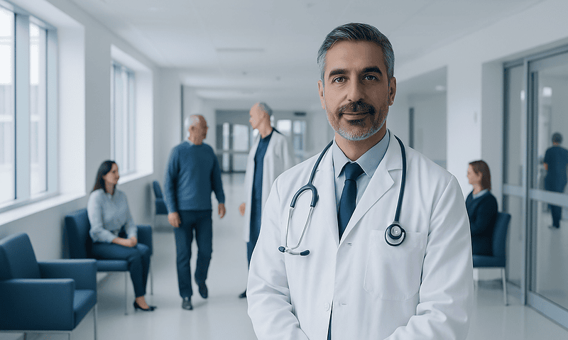 Experienced cardiologist in hospital corridor with patients and staff.
