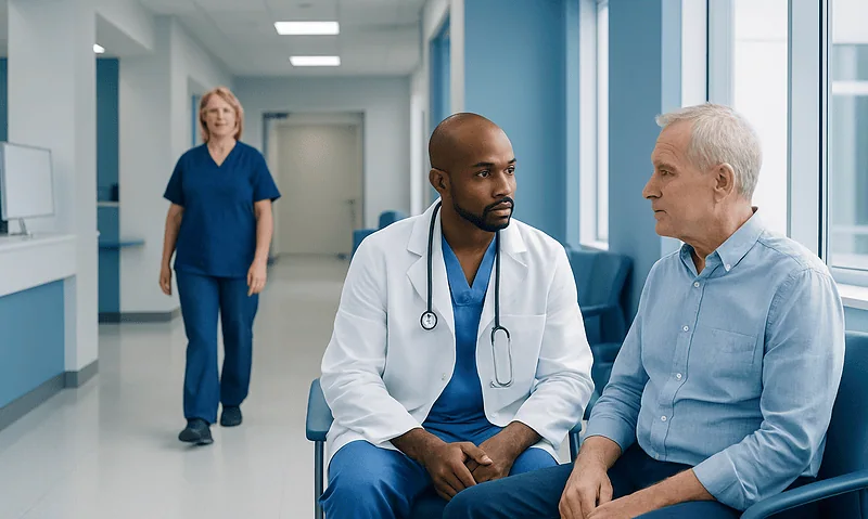 Doctor consulting with patient in hospital corridor for cardiology checkup.