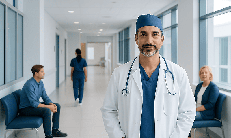 Cardiothoracic surgeon in hospital corridor with patients and staff.