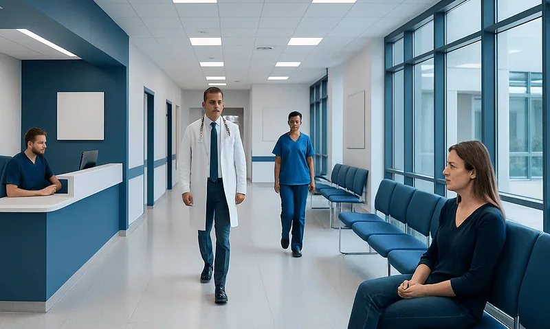 Modern hospital corridor with doctors and patients in a healthcare facility.