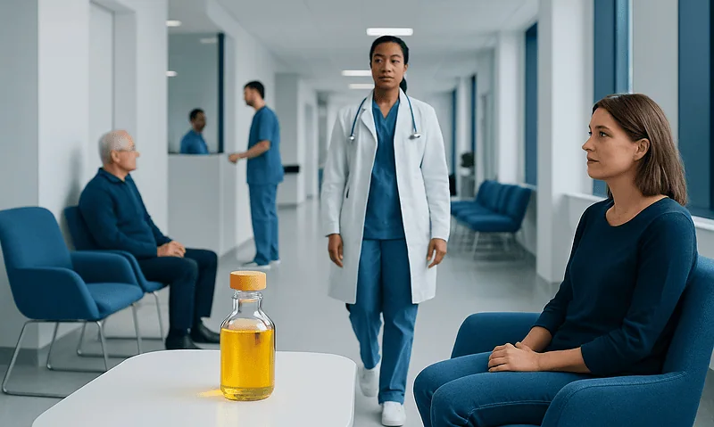 Doctor and patient in hospital corridor with a carrier oil bottle on table.