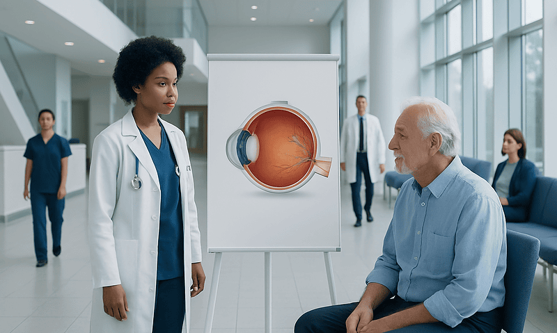 Ophthalmologist explains eye anatomy to patient in modern clinic.