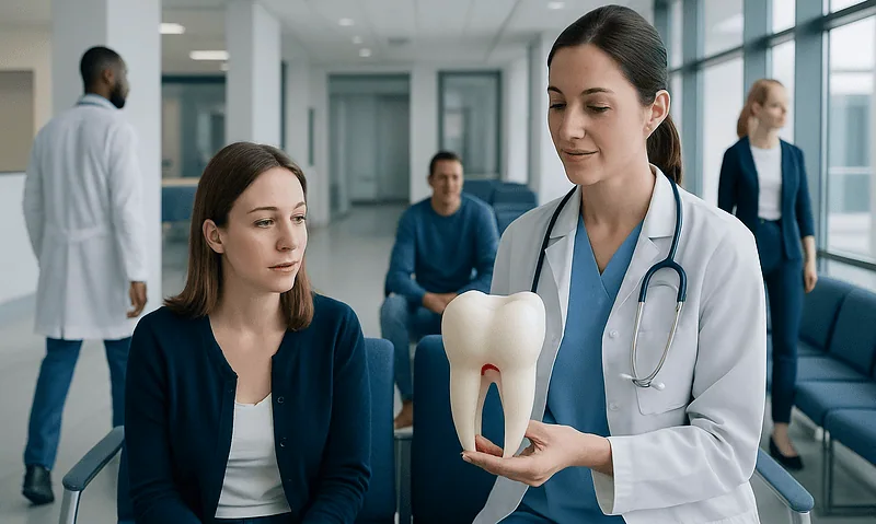 Dentist explaining tooth anatomy to patient in a hospital setting.