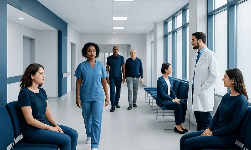 Medical team and patients in a hospital corridor at Acibadem Hospitals Group.
